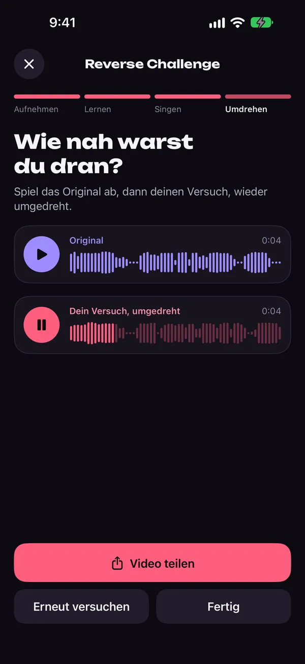 Reverse-Challenge-Bildschirm von Reversy, der den Originalsatz mit dem umgedrehten Versuch vergleicht