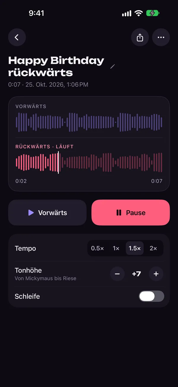 Effektkarte von Reversy mit Reglern für Tonhöhe und Tempo
