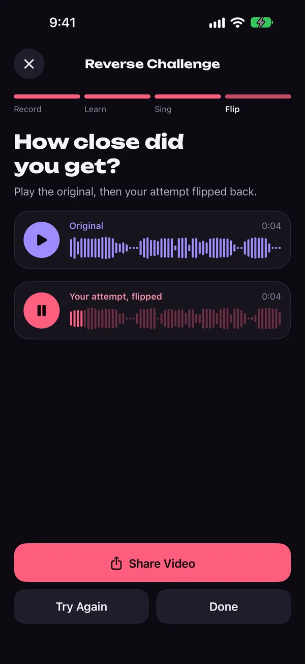 Reversy Reverse Challenge screen comparing the original phrase with the flipped attempt