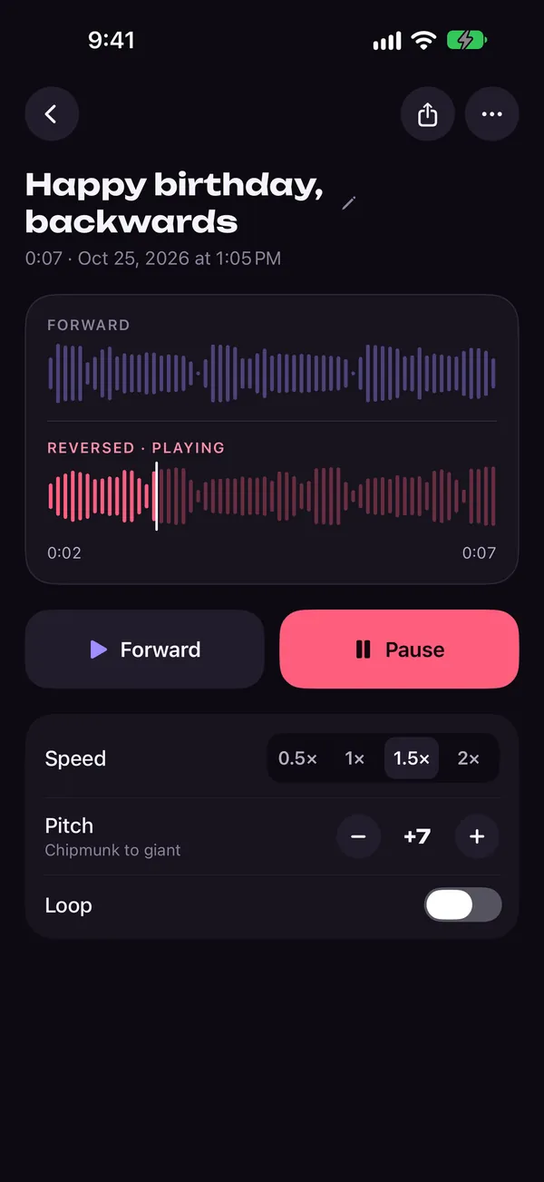 Reversy effects card with pitch and speed controls