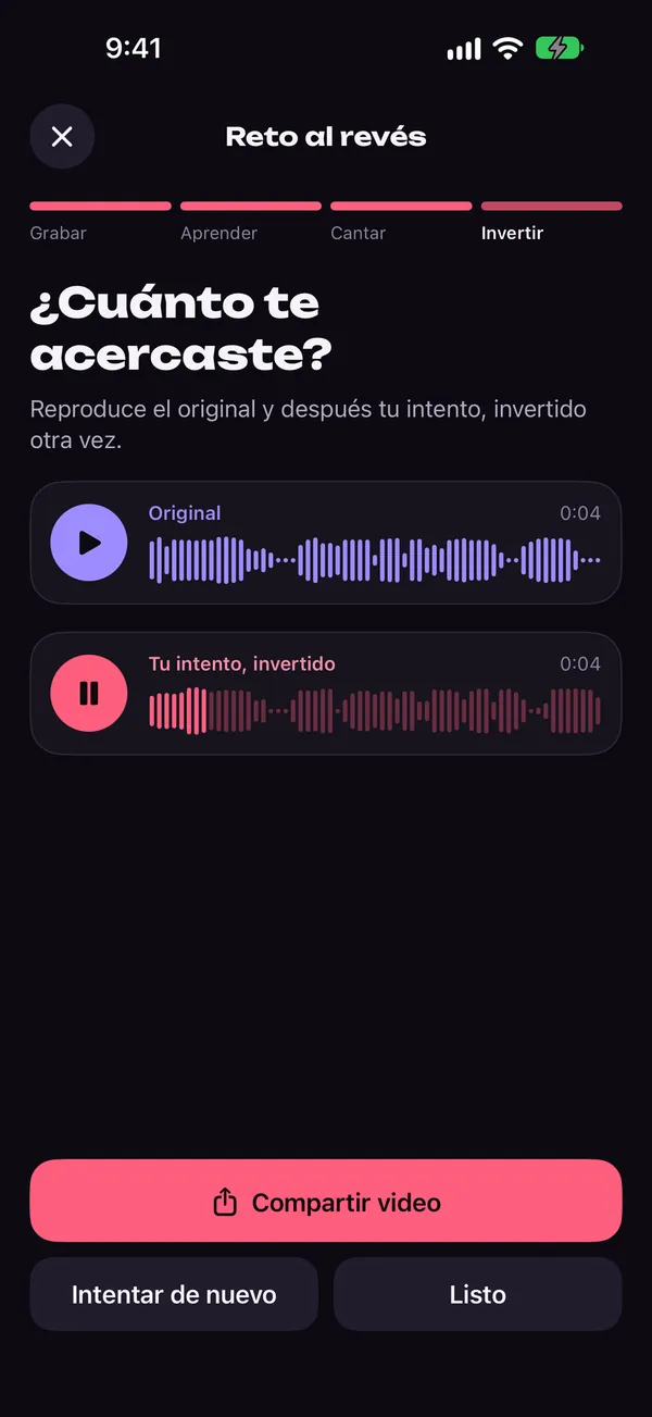 Pantalla del Reto al revés de Reversy comparando la frase original con el intento invertido