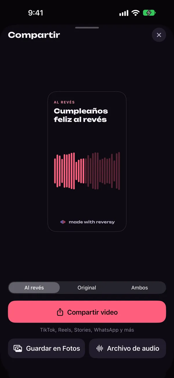 Pantalla de compartir de Reversy con una vista previa de video vertical y opciones al revés, original o ambos