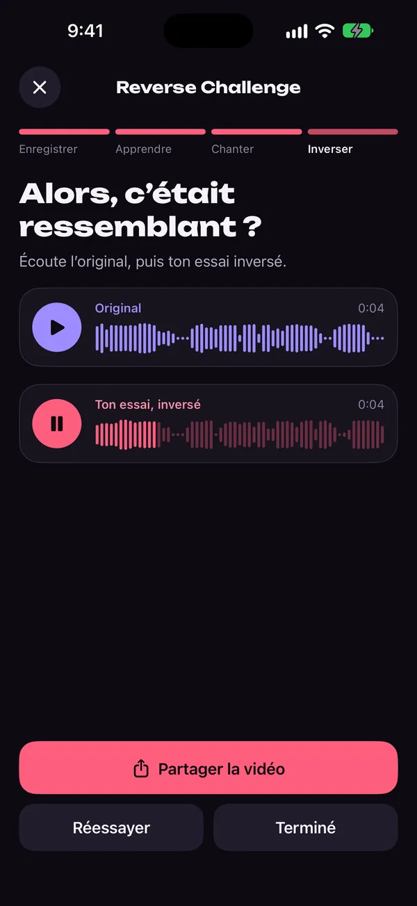 Écran Reverse Challenge de Reversy comparant la phrase d’origine et l’essai inversé