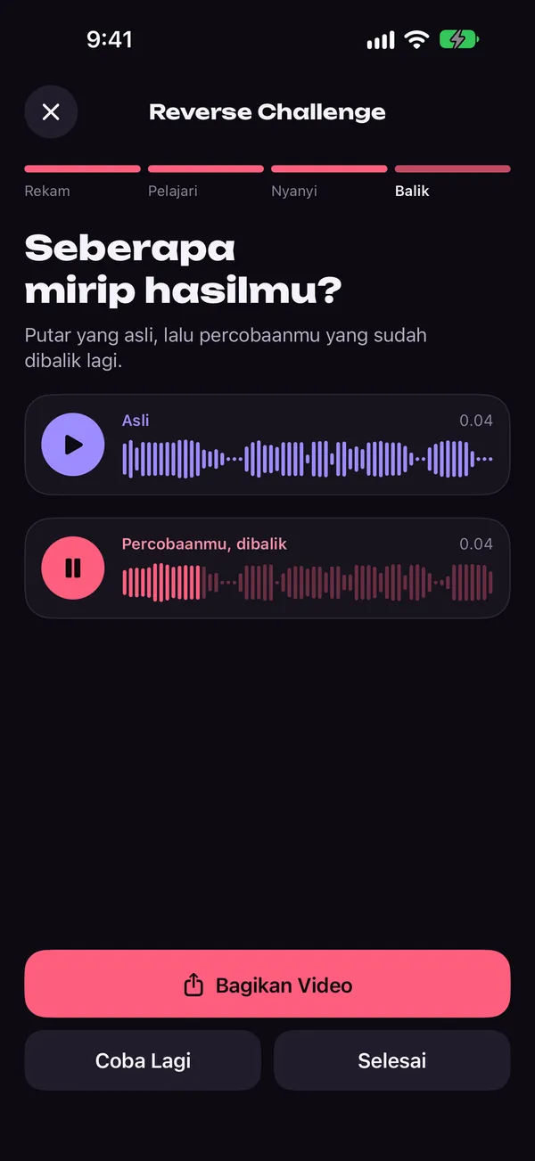 Layar Reverse Challenge di Reversy yang membandingkan frasa asli dengan percobaan yang dibalik