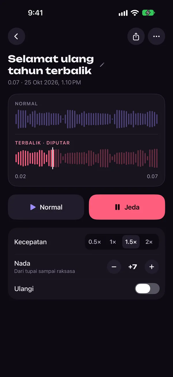 Kartu efek Reversy dengan kontrol nada dan kecepatan