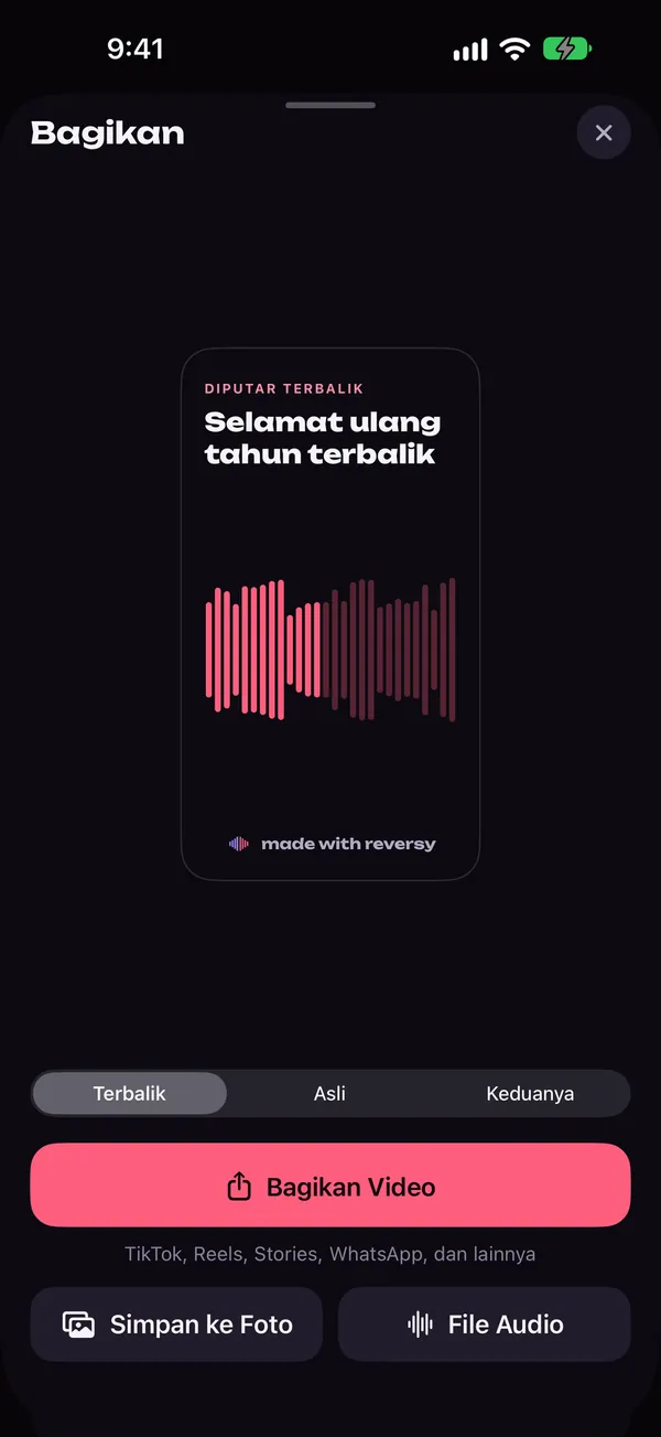 Layar berbagi Reversy dengan pratinjau video vertikal dan pilihan terbalik, asli, atau keduanya
