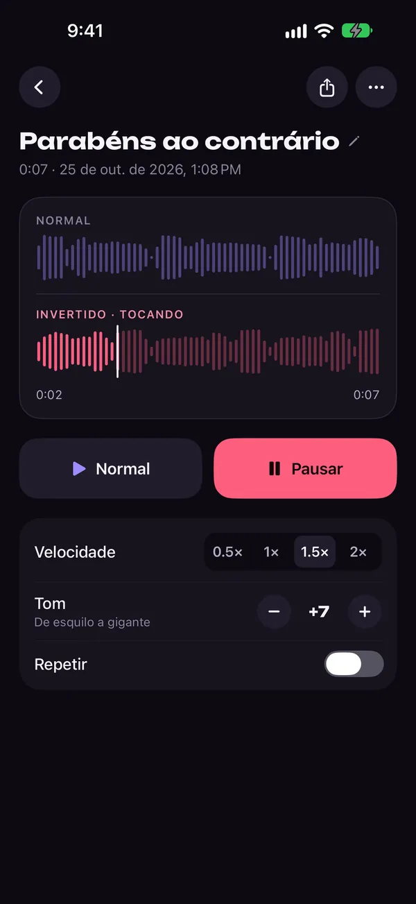 Cartão de efeitos do Reversy com controles de tom e velocidade
