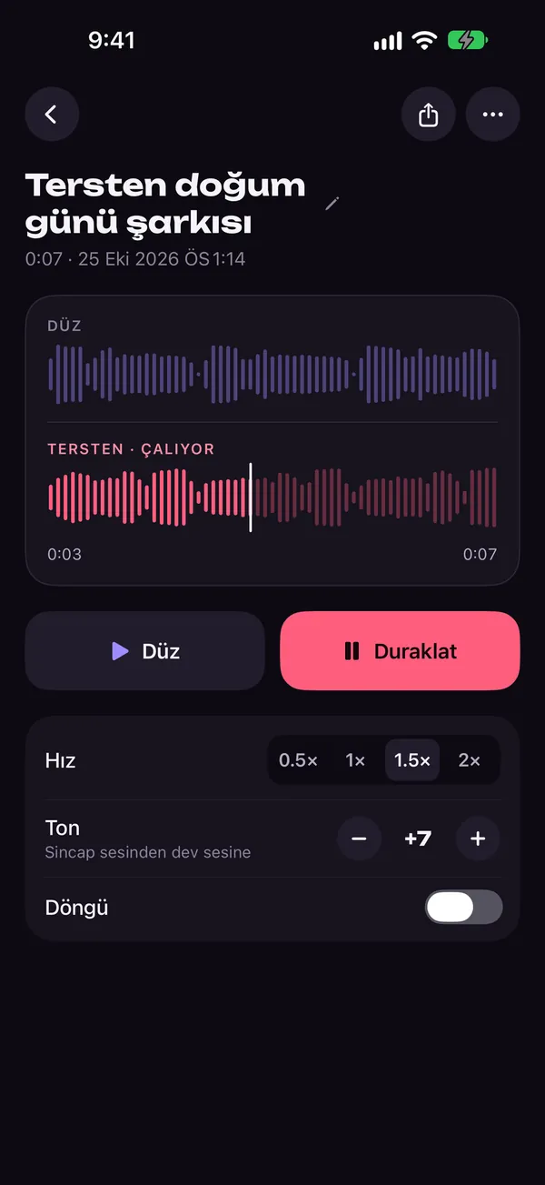 Ton ve hız kontrolleriyle Reversy efekt kartı