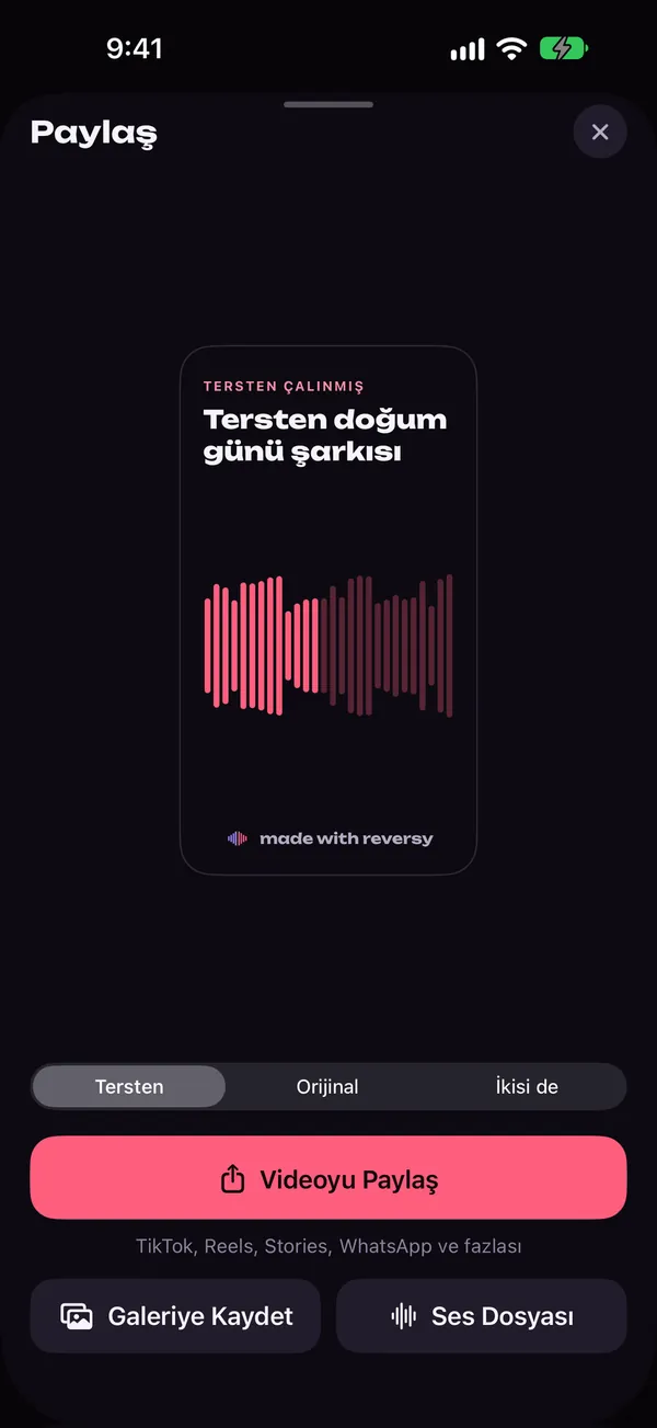 Dikey video önizlemesi ve tersten, orijinal ya da ikisi de seçenekleriyle Reversy paylaşım ekranı